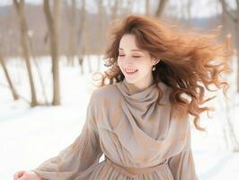 femme jouit dans le hiver journée dans émotif espiègle pose ai génératif photo