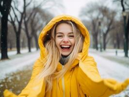 femme jouit dans le hiver journée dans émotif espiègle pose ai génératif photo
