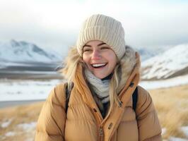 femme jouit dans le hiver journée dans émotif espiègle pose ai génératif photo