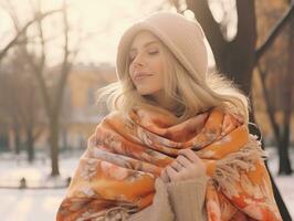 femme jouit dans le hiver journée dans émotif espiègle pose ai génératif photo