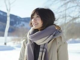 femme jouit dans le hiver journée dans émotif espiègle pose ai génératif photo