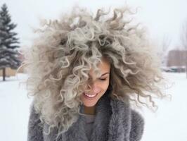 femme jouit dans le hiver journée dans émotif espiègle pose ai génératif photo