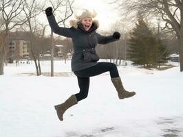 femme jouit dans le hiver journée dans émotif espiègle pose ai génératif photo