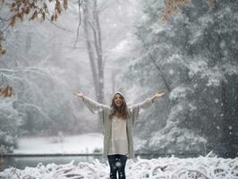 femme jouit dans le hiver journée dans émotif espiègle pose ai génératif photo