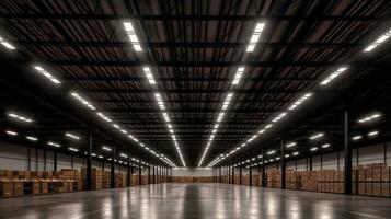 génératif ai, entrepôt intérieur avec LED éclairage, industrie bâtiment, Distribution vente au détail centre, partie de espace de rangement et livraison système. photo