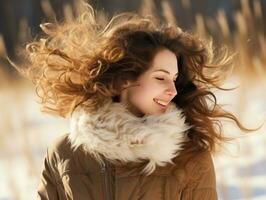 femme jouit dans le hiver journée dans émotif espiègle pose ai génératif photo