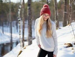 femme jouit dans le hiver journée dans émotif espiègle pose ai génératif photo