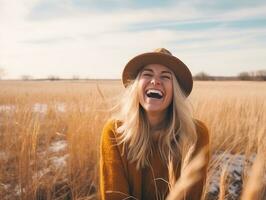 femme jouit dans le hiver journée dans émotif espiègle pose ai génératif photo