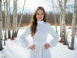 femme jouit dans le hiver journée dans émotif espiègle pose ai génératif photo