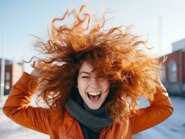 femme jouit dans le hiver journée dans émotif espiègle pose ai génératif photo