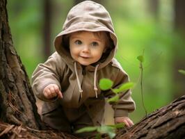 adorable bébé explorant le la nature ai génératif photo