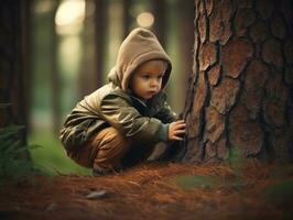 adorable bébé explorant le la nature ai génératif photo