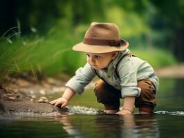 adorable bébé explorant le la nature ai génératif photo