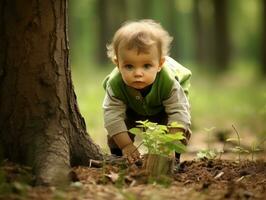 adorable bébé explorant le la nature ai génératif photo