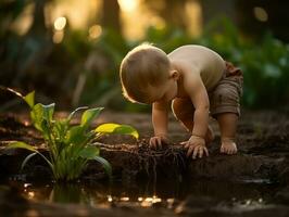 adorable bébé explorant le la nature ai génératif photo