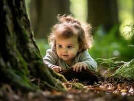 adorable bébé explorant le la nature ai génératif photo