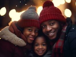 le africain américain famille jouit célébrer Noël veille ensemble ai génératif photo