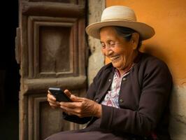 vieux femme de Colombie en utilisant une téléphone intelligent pour en ligne la communication ai génératif photo