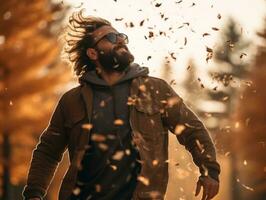 photo de émotif dynamique pose mexicain homme dans l'automne ai génératif