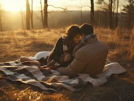 aimant couple est profiter une romantique hiver journée ai génératif photo