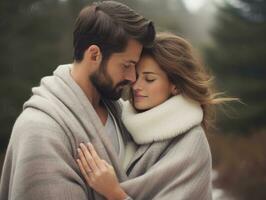 aimant couple est profiter une romantique hiver journée ai génératif photo