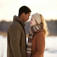 aimant adolescent interracial couple est profiter une romantique hiver journée ai génératif photo