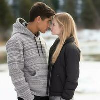 aimant adolescent interracial couple est profiter une romantique hiver journée ai génératif photo