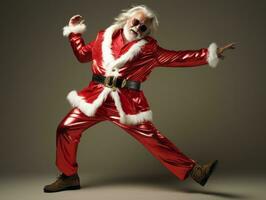 homme habillé comme Père Noël claus dans espiègle pose sur solide Contexte ai génératif photo