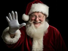 homme habillé comme Père Noël claus dans espiègle pose sur solide Contexte ai génératif photo