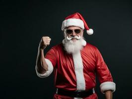 homme habillé comme Père Noël claus dans espiègle pose sur solide Contexte ai génératif photo