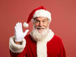 homme habillé comme Père Noël claus dans espiègle pose sur solide Contexte ai génératif photo