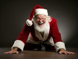 homme habillé comme Père Noël claus dans espiègle pose sur solide Contexte ai génératif photo