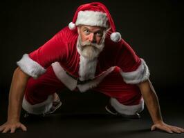 homme habillé comme Père Noël claus dans espiègle pose sur solide Contexte ai génératif photo