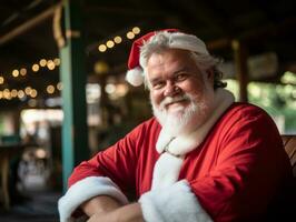 homme habillé comme Père Noël claus dans espiègle pose sur solide Contexte ai génératif photo