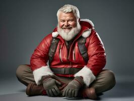 homme habillé comme Père Noël claus dans espiègle pose sur solide Contexte ai génératif photo