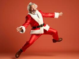 homme habillé comme Père Noël claus dans espiègle pose sur solide Contexte ai génératif photo