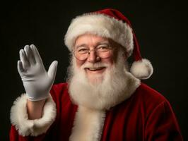 homme habillé comme Père Noël claus dans espiègle pose sur solide Contexte ai génératif photo