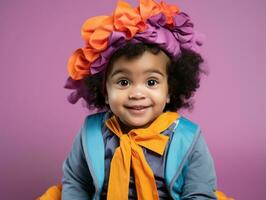 adorable bébé avec vibrant Vêtements dans une espiègle pose ai génératif photo