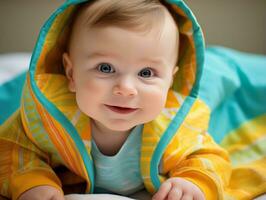 adorable bébé avec vibrant Vêtements dans une espiègle pose ai génératif photo