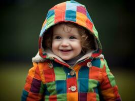 adorable bébé avec vibrant Vêtements dans une espiègle pose ai génératif photo