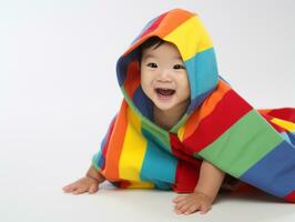 adorable bébé avec vibrant Vêtements dans une espiègle pose ai génératif photo