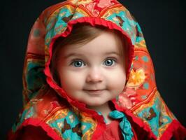 adorable bébé avec vibrant Vêtements dans une espiègle pose ai génératif photo