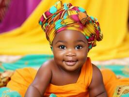 adorable bébé avec vibrant Vêtements dans une espiègle pose ai génératif photo