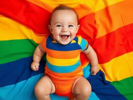 adorable bébé avec vibrant Vêtements dans une espiègle pose ai génératif photo