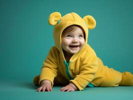 adorable bébé avec vibrant Vêtements dans une espiègle pose ai génératif photo