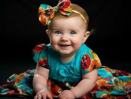 adorable bébé avec vibrant Vêtements dans une espiègle pose ai génératif photo