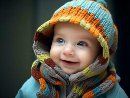 adorable bébé avec vibrant Vêtements dans une espiègle pose ai génératif photo