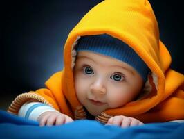 adorable bébé avec vibrant Vêtements dans une espiègle pose ai génératif photo