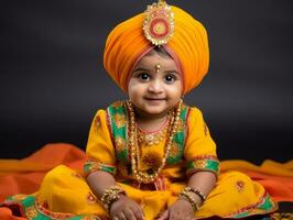 adorable bébé avec vibrant Vêtements dans une espiègle pose ai génératif photo