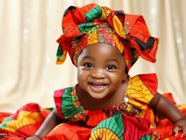 adorable bébé avec vibrant Vêtements dans une espiègle pose ai génératif photo